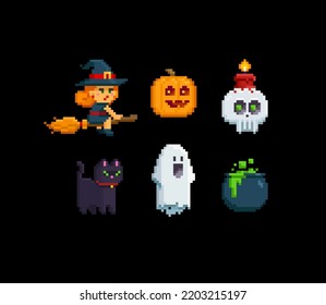 Pixel Art Happy Halloween Set Witch Stock Vector (Royalty Free ...