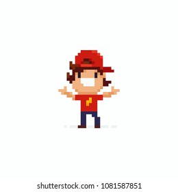 Pixel Art Happy Kid In Red Baseball Hat