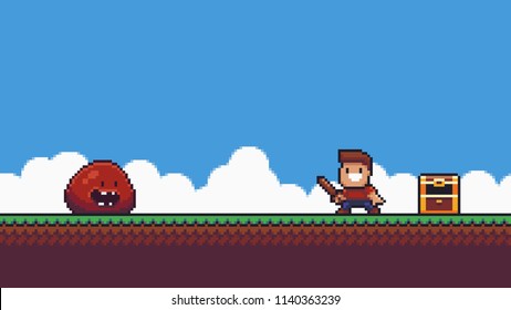 Pixel art happy male character holding wooden sword, slime enemy, open golden chest on summer background with grass, blue sky and clouds Pixel art happy male character holding wooden sword, slime enemy, open golden chest on summer background with grass, blue sky and clouds