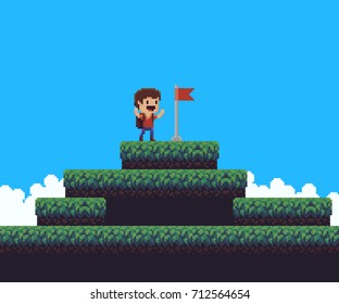 Pixel Art Happy Male Character With Hands Up On Top Of The Mountain With Raised Flag