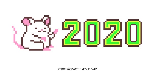 Pixel art Happy New Year greeting card with cute white mouse character pointing at big green 2020 number isolated on white background. 8 bit calendar illustration. Winter print with chinese zodiac rat