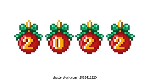 Pixel art Happy New Year banner on white background. 2022 written on red Christmas baubles decorated with green bows. 8 bit holiday card. Old school vintage retro 80s, 90s 2d computer game graphics. 