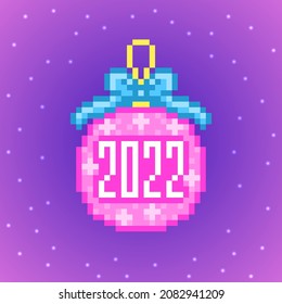 Pixel art Happy New Year banner on purple to pink gradient, 2022 written on a Christmas bauble decorated with blue bow. 8 bit holiday card. Old school vintage retro 80s, 90s 2d computer game graphics.