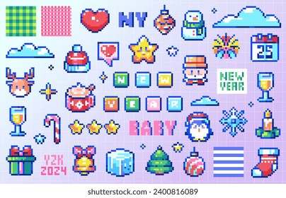 Pixel art Happy New Year Set. Geek sticker for Merry Christmas Winter Celebration. 8bit retro santa hat, snowman, snowflake, candy cane, calendar, toys. Vector graphic for game, decoration, stickers.	