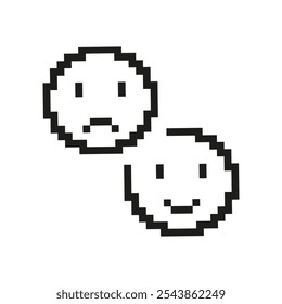 Pixel Art Happy and Sad Faces Icon. Pixelated Two Facial Expressions, One Happy and One Sad. Isolated Vector Illustration.