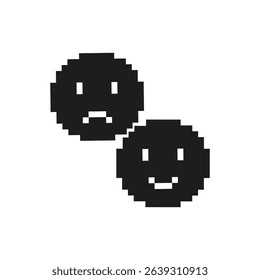 Pixel Art Happy And Sad Faces Icon. Emotional Expression And Mood Representation Symbol. Contrast Of Positive And Negative Feelings. Isolated Vector Illustration.
