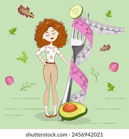 Pixel art of a happy woman with a smile, next to an avocado and a measuring tape