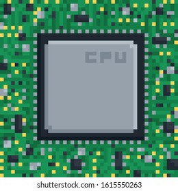 Pixel art hardware illustration - circuit board cpu processing unit chip on green background