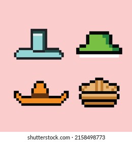 Pixel art hat set 8bit pixel art game sprite item with solid color background