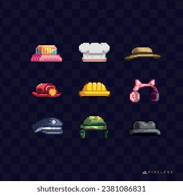 Pixel art hats firefighter chef miner job police fedora headphones youtuber army halloween costume card