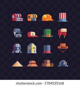 Pixel art hats icon set. Women's and men's accessories. Isolated vector illustration. Design for stickers, logo shop, embroidery, mobile app.