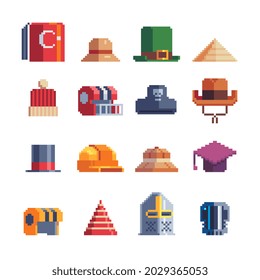 Pixel art hats icon set. Women's and men's accessories. Isolated vector illustration. Design for stickers, logo shop, embroidery, mobile app.