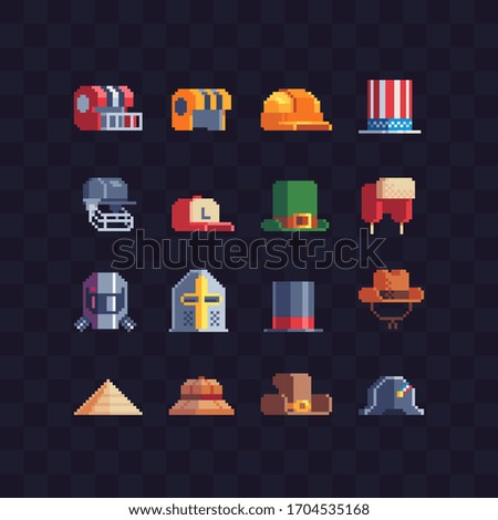 Pixel art hats icon set. Women's and men's accessories. Isolated vector illustration. Design for stickers, logo shop, embroidery, mobile app.