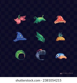 Pixel art hats set fairy mushroom medieval pineapple farming duck magic theme sprites props assets crochet embroidery macrame