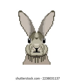 Pixel art. Head of a gray rabbit on a white background.Vector illustration.