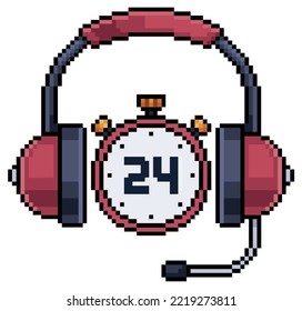 Pixel art headset with clock icon, 24 hours support vector icon for 8bit game on white background