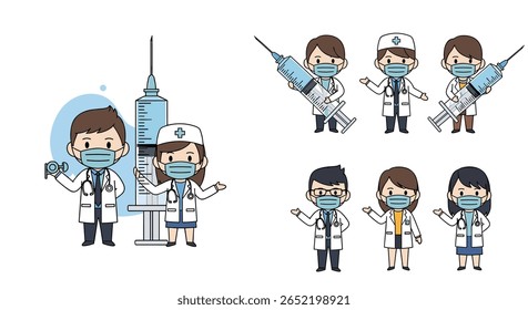 Pixel art healthcare professionals with syringes and masks ready for vaccination efforts