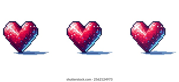 Pixel art heart with 3D effect, red with blue shading, and casting a shadow on a dark background