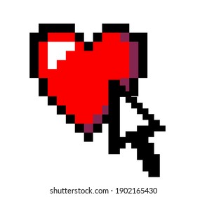 Pixel art heart with arrow. Vector 8-bit retrowave and vaporwave style illustration.