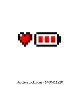 Pixel art heart and battery red icon 8-bit - isolated vector illustration
