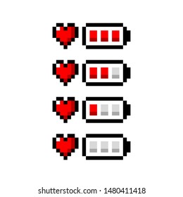 Pixel art heart and battery red icon 8-bit - isolated vector illustration