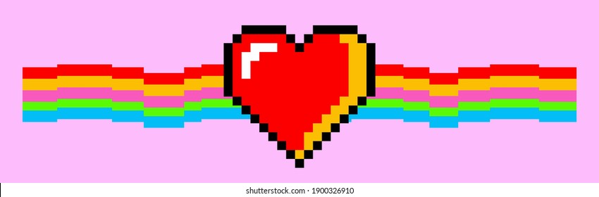 Pixel art heart with colorful ribbon. Vector 8-bit retrowave and vaporwave style illustration.