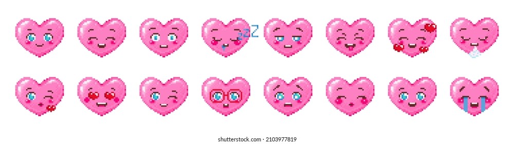 Pixel art heart emogy collection. Vintage 8 bit pixel pink emoticons. Vector romantic smile face emotions - kiss, love, amaze, cry, smiling, concern, wink, flirt, drooling, exhaling, nerd, tears,  