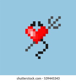 Pixel art. Heart with horns and a tail in style of 8-bit game. Vector illustration.