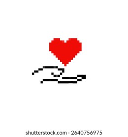 A pixel art heart hovers above an open hand, symbolizing love and care in a mosaic style.