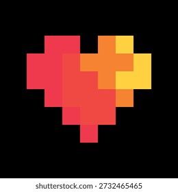 Pixel Art Heart Icon with Gradient Vector Design Concept. Fiery Love Flat Symbol in Pixel Art Style on Black Background.