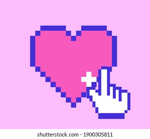 Pixel art heart icon isolated on pink background. Vector 8-bit retro style illustration.