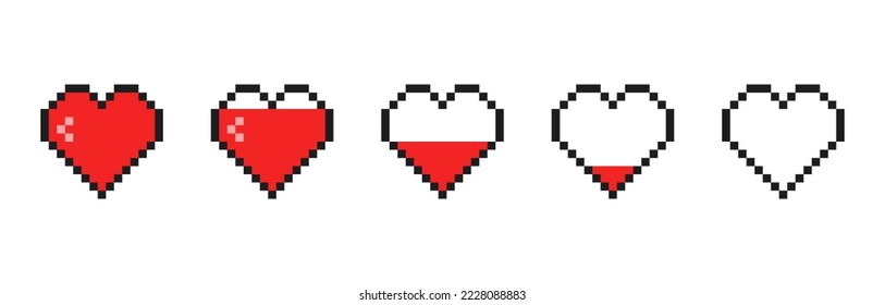Pixel art heart icon set. Retro game life bar. Template design for web site, banner, nerds, gamers, IT developers. Vector illustration