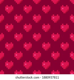 Pixel art. The heart icon. Valentine's Day. Cartoon drawings. Seamless pattern. Vector illustration for web design or print.