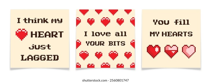 Pixel Art Heart Icon Valentines Day Greeting Cards Set. 8 bit holiday postcards collection. Cute lovely emojis. Video game user interface red elements. Romance gaming concept. Vector illustration.