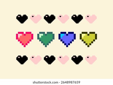 Pixel Art Heart Icons Collection in Multiple Colors for Game Life UI Retro Style Health Bar and Love Symbol Design Assets