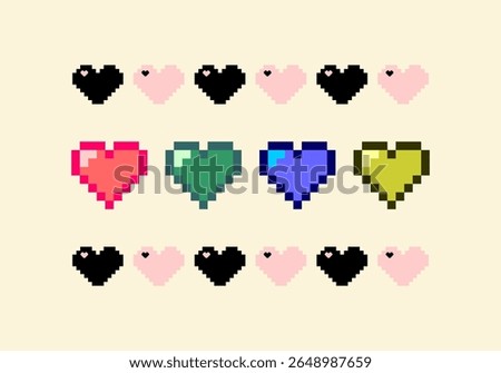 Pixel Art Heart Icons Collection in Multiple Colors for Game Life UI Retro Style Health Bar and Love Symbol Design Assets