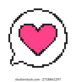 Icono del mensaje del corazón del arte del pixel para el día de San Valentín. Linda burbuja de chat de 8 bits con corazón, amor perfecto y símbolo de romance para App de citas, juego, pegatina, redes sociales y diseño de vacaciones.
