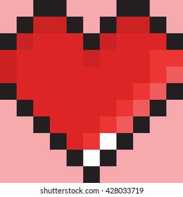 Pixel Art Heart Old School Vintage Game Design Vector Illustration, Red-Black-White-Pink colors.