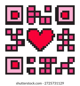 Pixel Art Herz QR Code Symbol für Valentinstag. Nettes 8-Bit-Liebes- und Romantik-Tech-Symbol für digitale Karte, Dating-App, Spiel, Aufkleber, Website-Link und Social-Media-Design-Projekte.