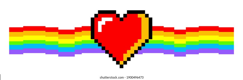 Pixel art heart with ribbon. Vector 8-bit retrowave and vaporwave style illustration.