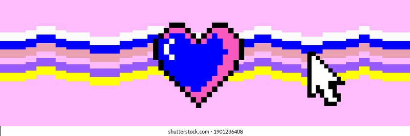 Pixel art heart with ribbon. Vector 8-bit retrowave and vaporwave style illustration.
