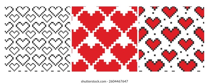 Pixel Art Heart shape Black and red Seamless Patterns Valentines Day White Day Background idea Set 3