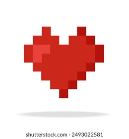 Pixel art heart. símbolo de forma de corazón aislado sobre fondo blanco. Corazón volando con shadow.Red Corazón icono, amor romántico símbolo simple.Postal, mensaje de amor o tarjeta de felicitación. Ilustración vectorial EPS10