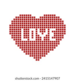 Pixel art of a heart shape with the word love. Love symbol in pixel art. Nostalgic or romantic print, isolated element for decoration, poster, valentine design.