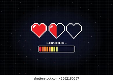 Pixel art heart sign for Valentine's Day in 8-bit retro game style and loading bar. Pixel art Valentine's Day or banner. Illustration.