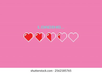 Pixel art heart sign for Valentine's Day in 8-bit retro game style and loading bar. Pixel art Valentine's Day or banner. Illustration.