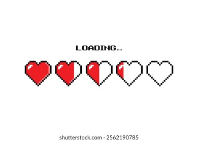 Pixel art heart sign for Valentine's Day in 8-bit retro game style and loading bar. Pixel art Valentine's Day or banner isolated on white background