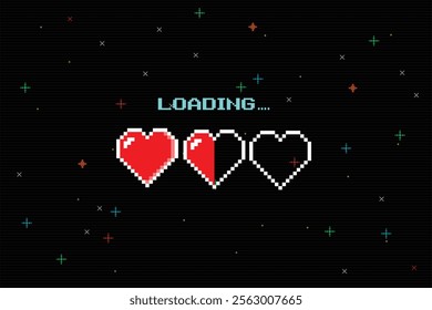 Pixel art heart sign for Valentine's Day in 8-bit retro game style and loading bar. Pixel art Valentine's Day or banner. Illustration.