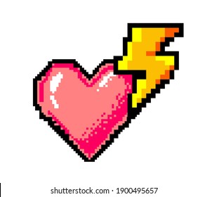 Pixel art heart with thunderbolt isolated on white background. Vector 8-bit retrowave and vaporwave style illustration.