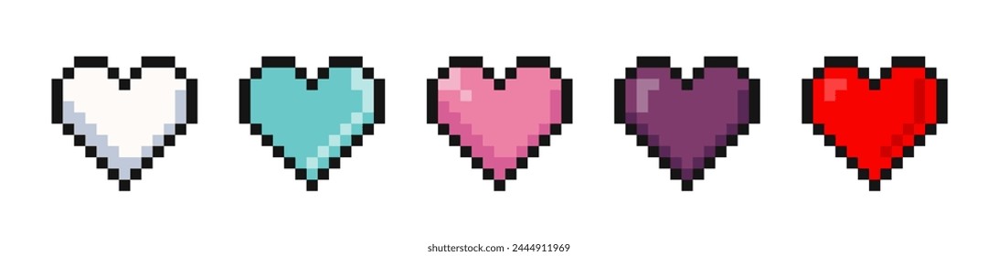 Pixel art heart. Vector art 8 bit pixel heart collection. Pixel heart icon set. Pixel game life bar. 
